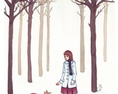 Winter White Girl and Fox in Snowy Forest Print