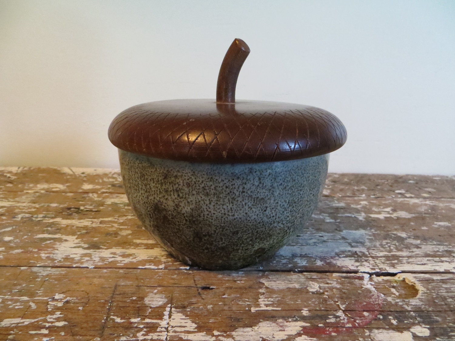 Danish Modern Teak Pottery Acorn Pottery Mid Century Modern Brown and Blue Autumn Decor