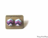 Chevron Earrings, Eggplant Chevron Fabric Covered Button Earrings, Purple Chevron Post Earrings, Fall studs - VintageOoakDesigns