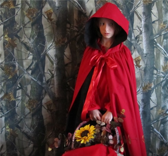 Child's Reversible Little Red Riding Hood Cloak or Cape In Bold Red, size 7 years to 12 years
