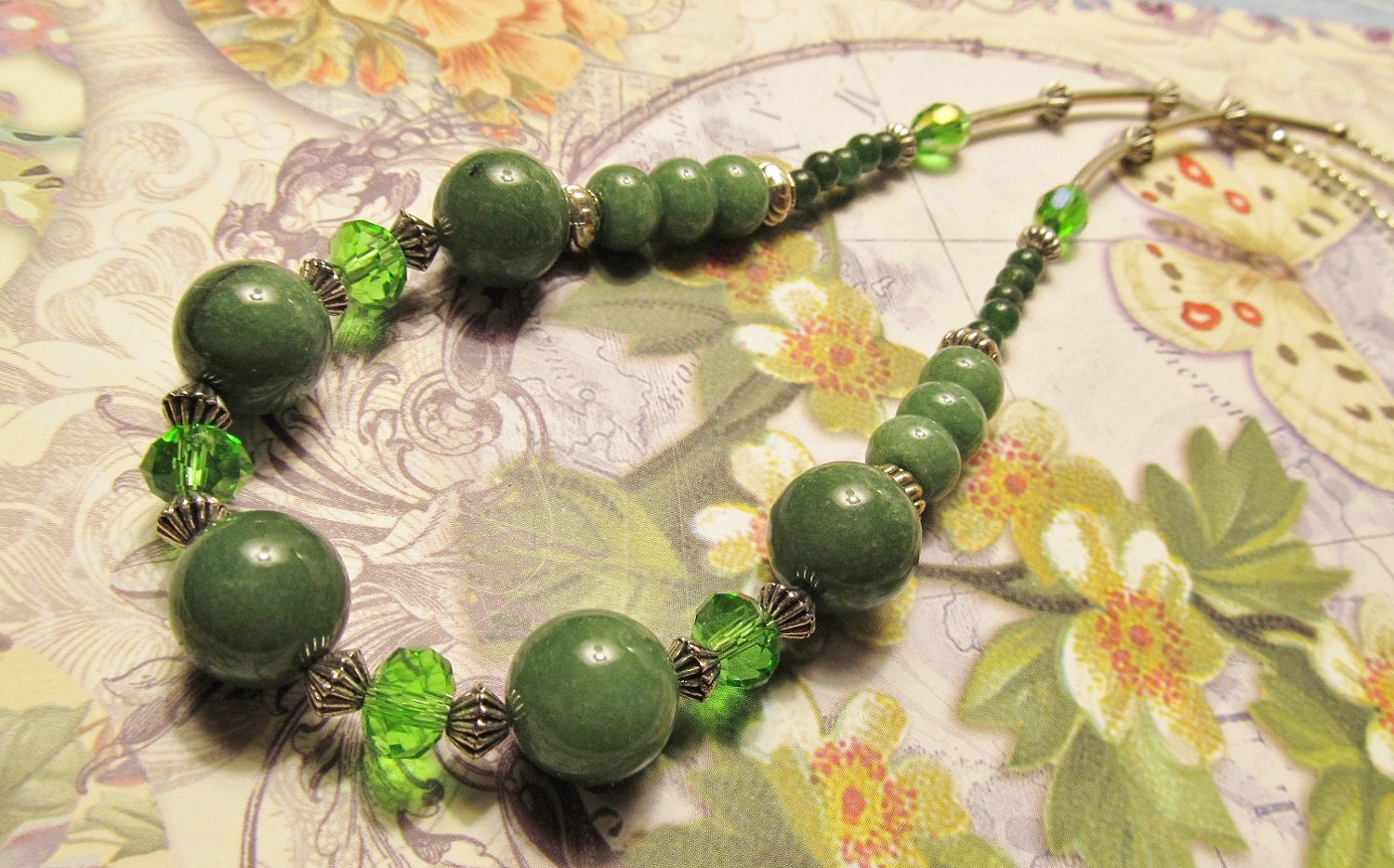 Vibrant Green Jade and Green Crystal Necklace