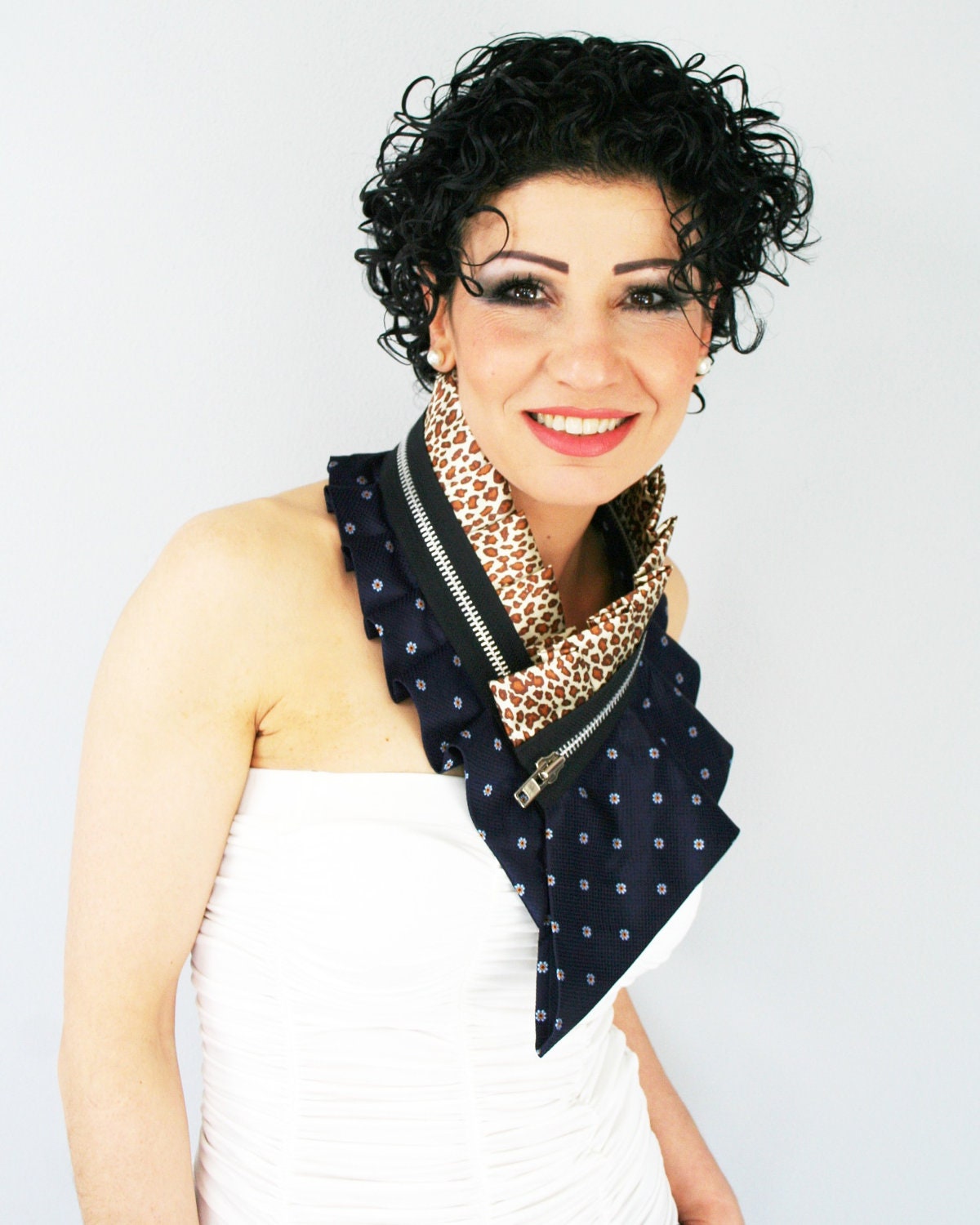 Animal print collar from upcycled silk in dark blue and animal print satin with black zipper, sophisticated collar necklace
