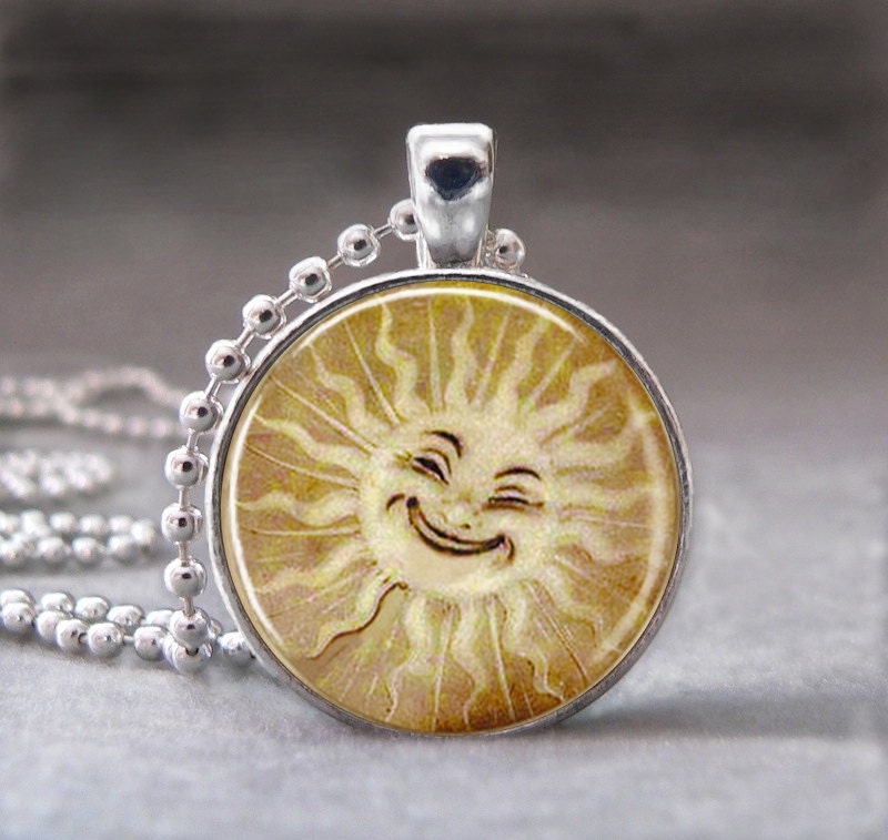 Happy Sun Face, Altered Art Glass Dome Photo Pendant Necklace, No. 078-9