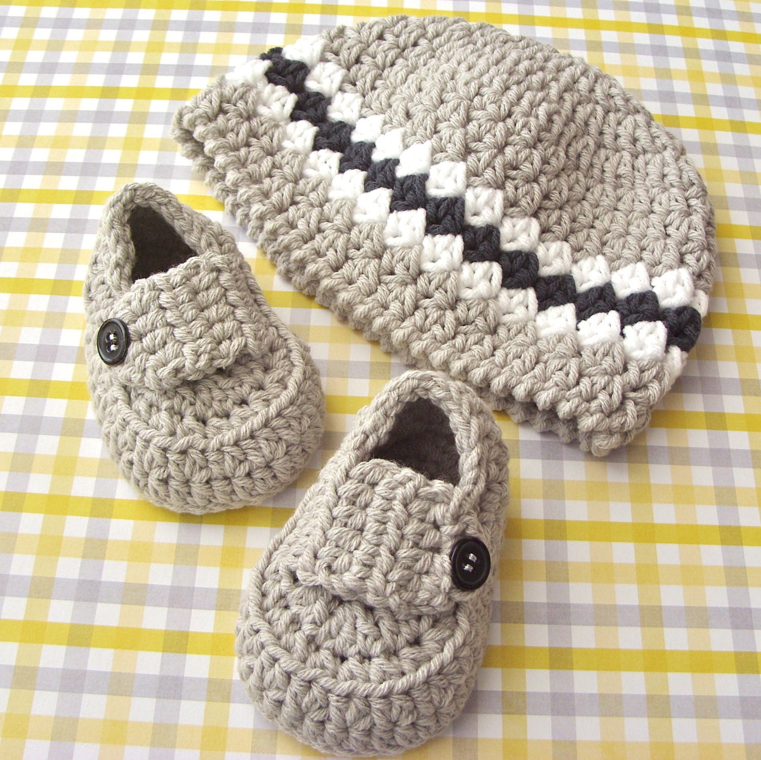 Booties and Hat - Handmade Baby Boy Shower Set - Infant Fashion Size 0 to 3 Months - Grey Beanie and Loafer Shoe Size 1 - Gift Boxed