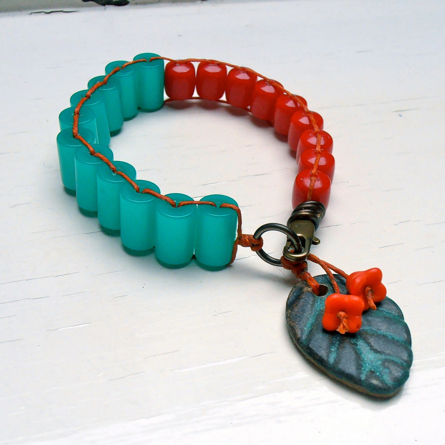 handmade bracelet, turquoise bracelet, green and red bracelet, leaf bracelet, unique bracelet, green bracelet, red bracelet