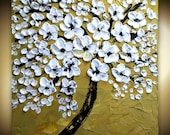 Original  abstract Oil  Modern  DEEP gallery canvas  palette knife floral impasto White Cherry painting by Nicolette Vaughan Horner 24x24