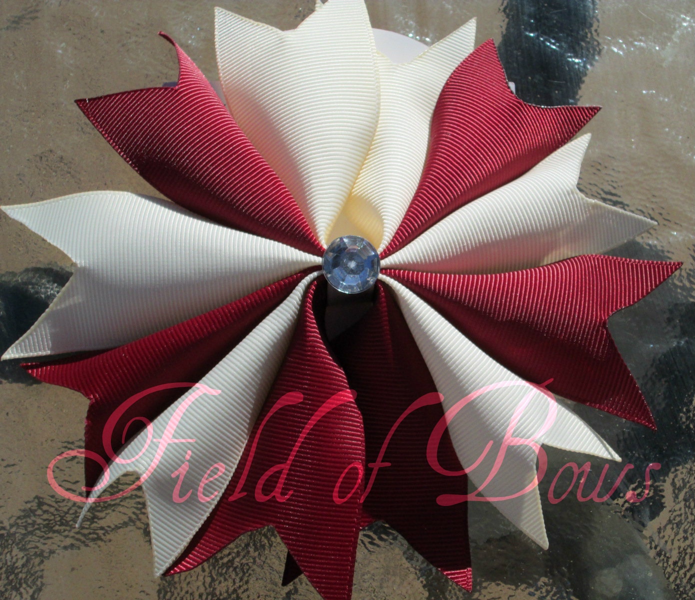 Oklahoma Sooners inspired spikey hair bow: OU, crimson, cream, maroon, ivory, white, red, rhinestone