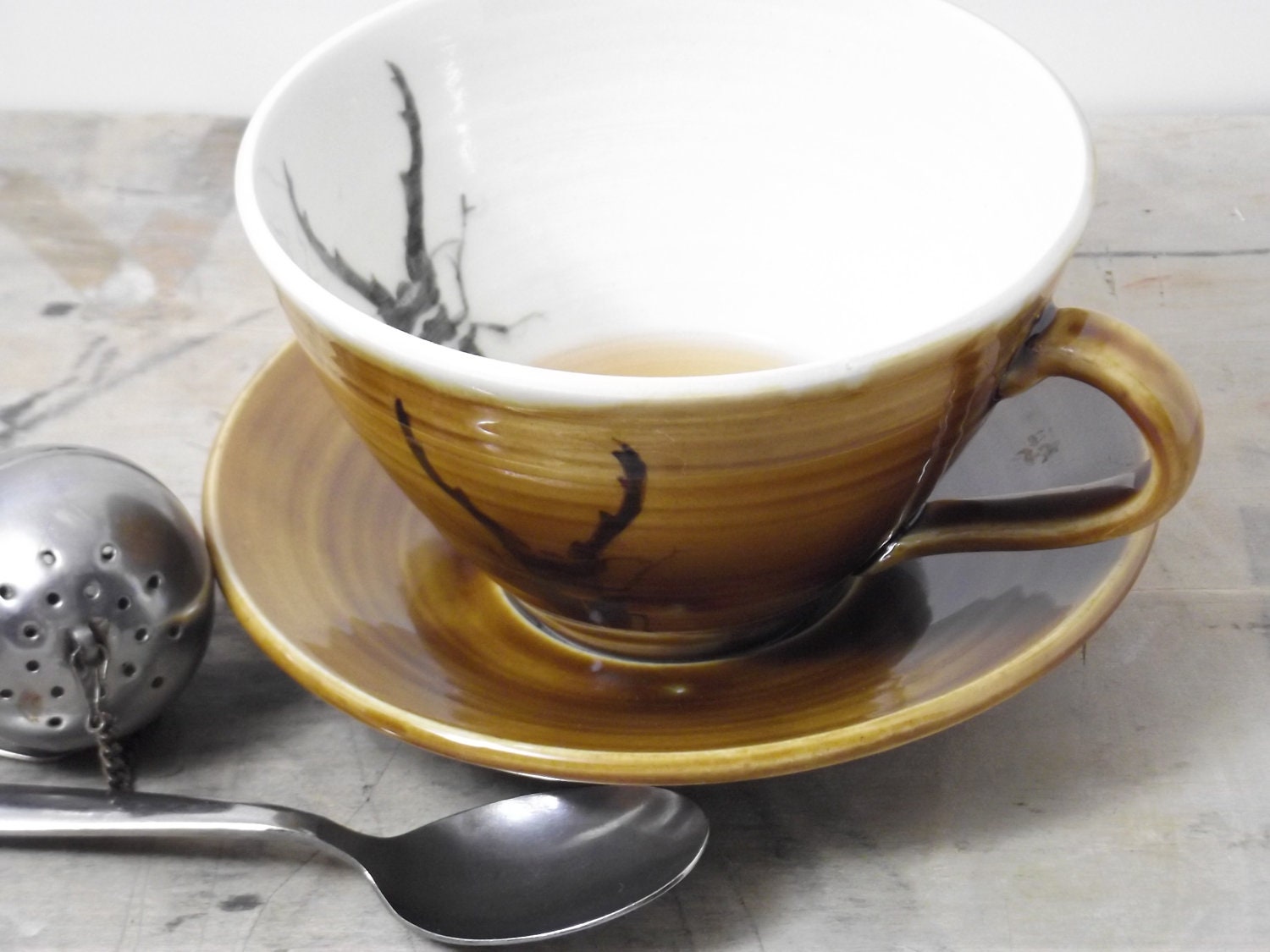 Porcelain Dark Amber Stag Beetle Tea Cup and Saucer