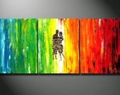 Large Original abstract Painting Couple Triptych Canvas Lovers Dancing heavy texture Rainbow Colorful Fine Art bedroom decoration 48