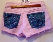 High Waisted Light Pink Distressed Floral Denim Shorts