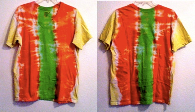 Women's Large Tie Dyed Orange Green and Yellow V Neck Shirt