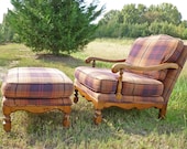 Vintage Upholstered Chair and Ottoman - Wool Plaid Cabin Chic. Professionally Cleaned.