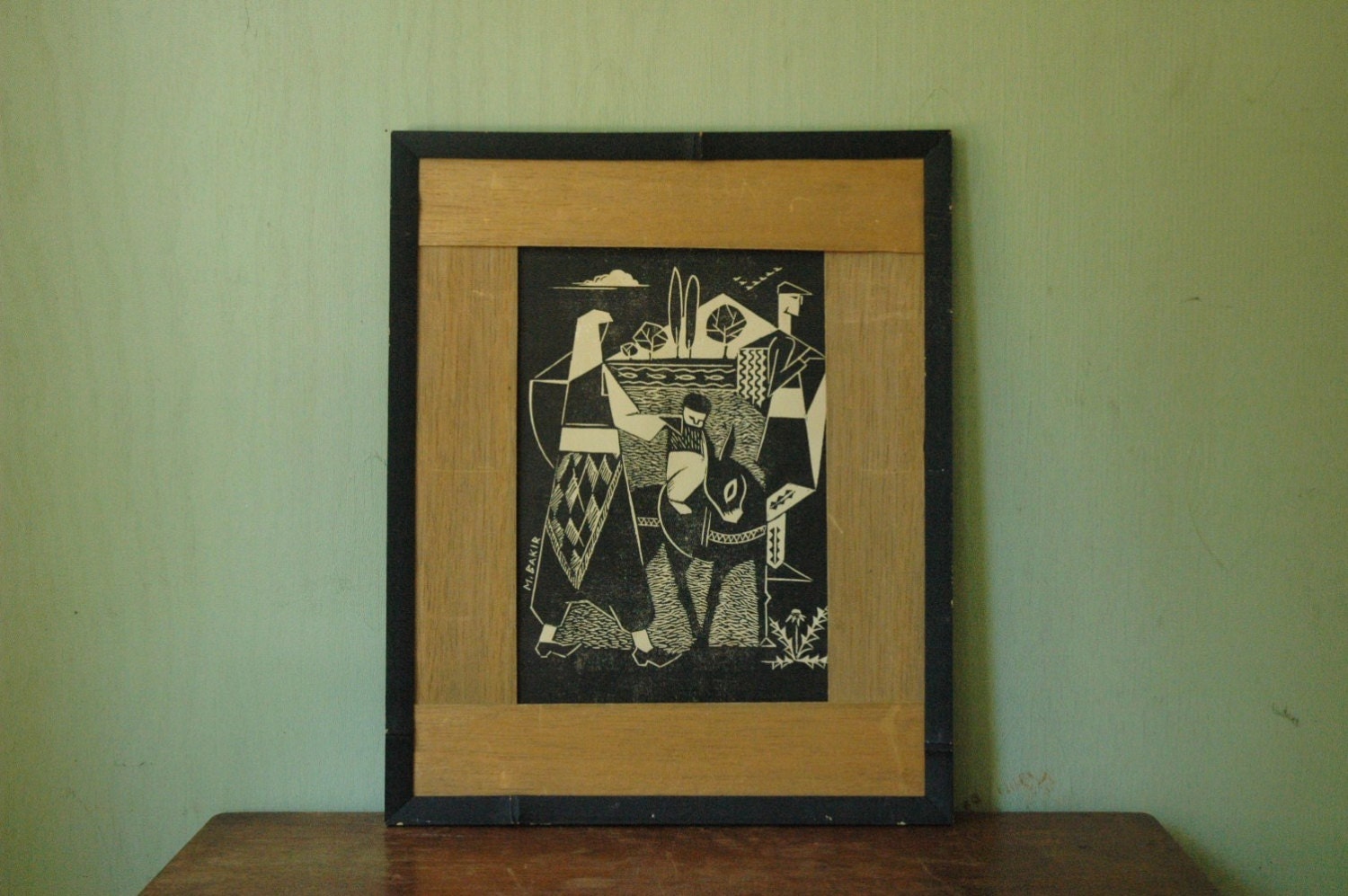 Vintage Modernist Woodblock Print By M Bakir - Mid Century Modern Linocut Print