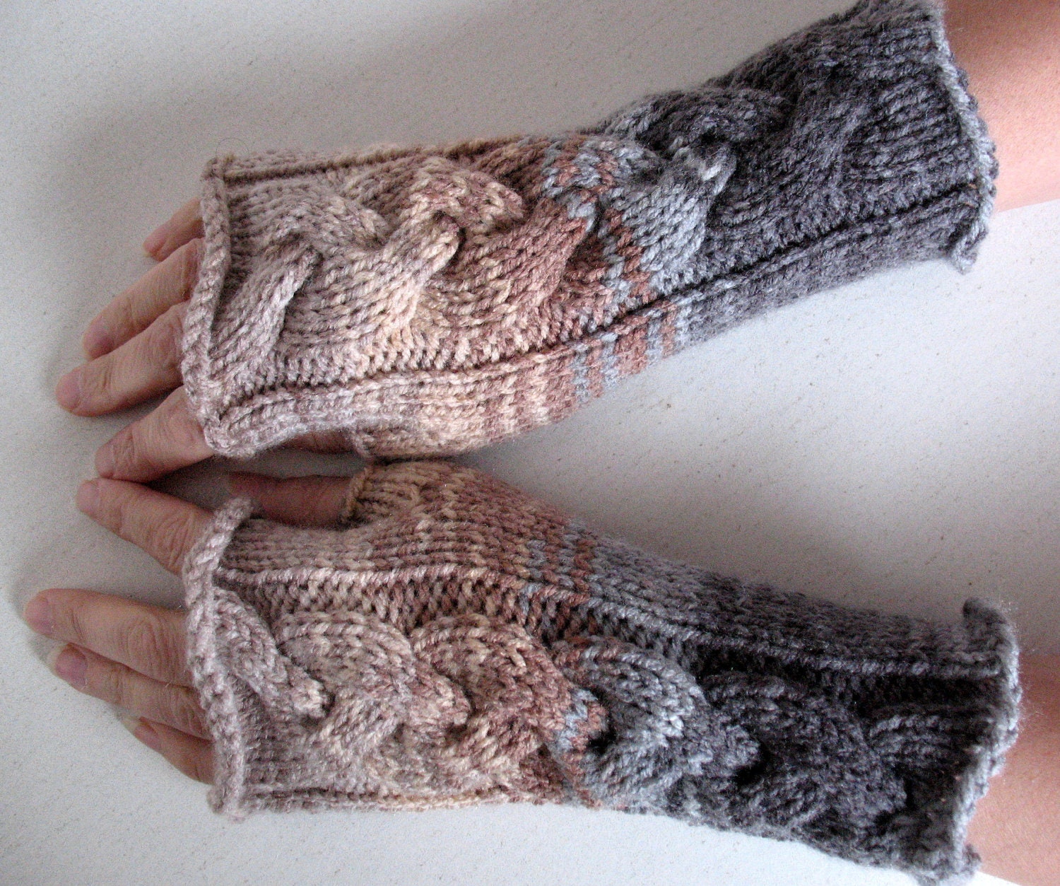 Fingerless Gloves Mittens Beige Brown Gray White wrist warmers Knit