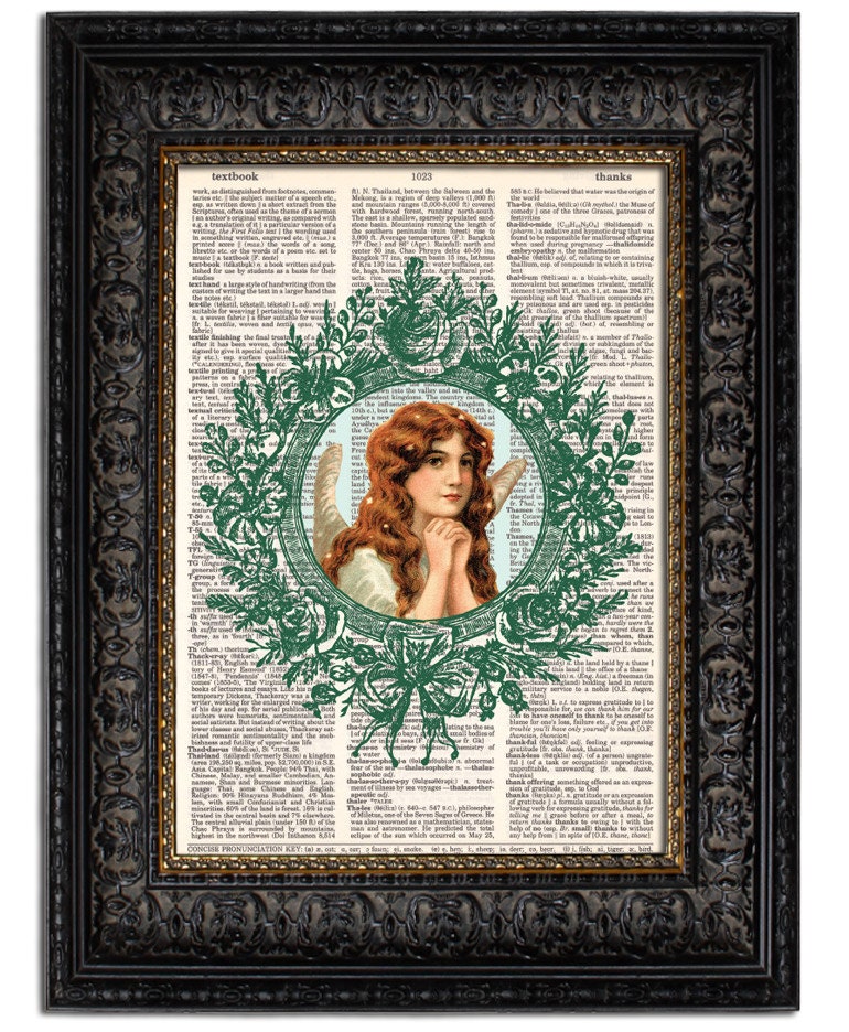 Christmas Decor Dictionary Art Print ANGEL GREEN WREATH 8x10 Holiday Art Print on vintage dictionary page