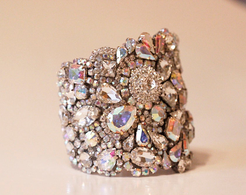 Stunning All Swarovski Aurora Borealis Old Hollywood Crystal Cuff Modern Classic, Vintage Yep All That and More