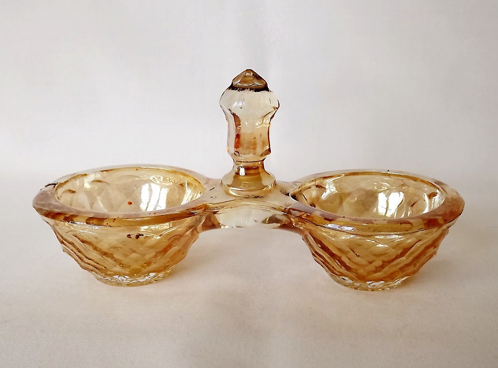 French glass salt cellar, double bowl, iridescent peach color