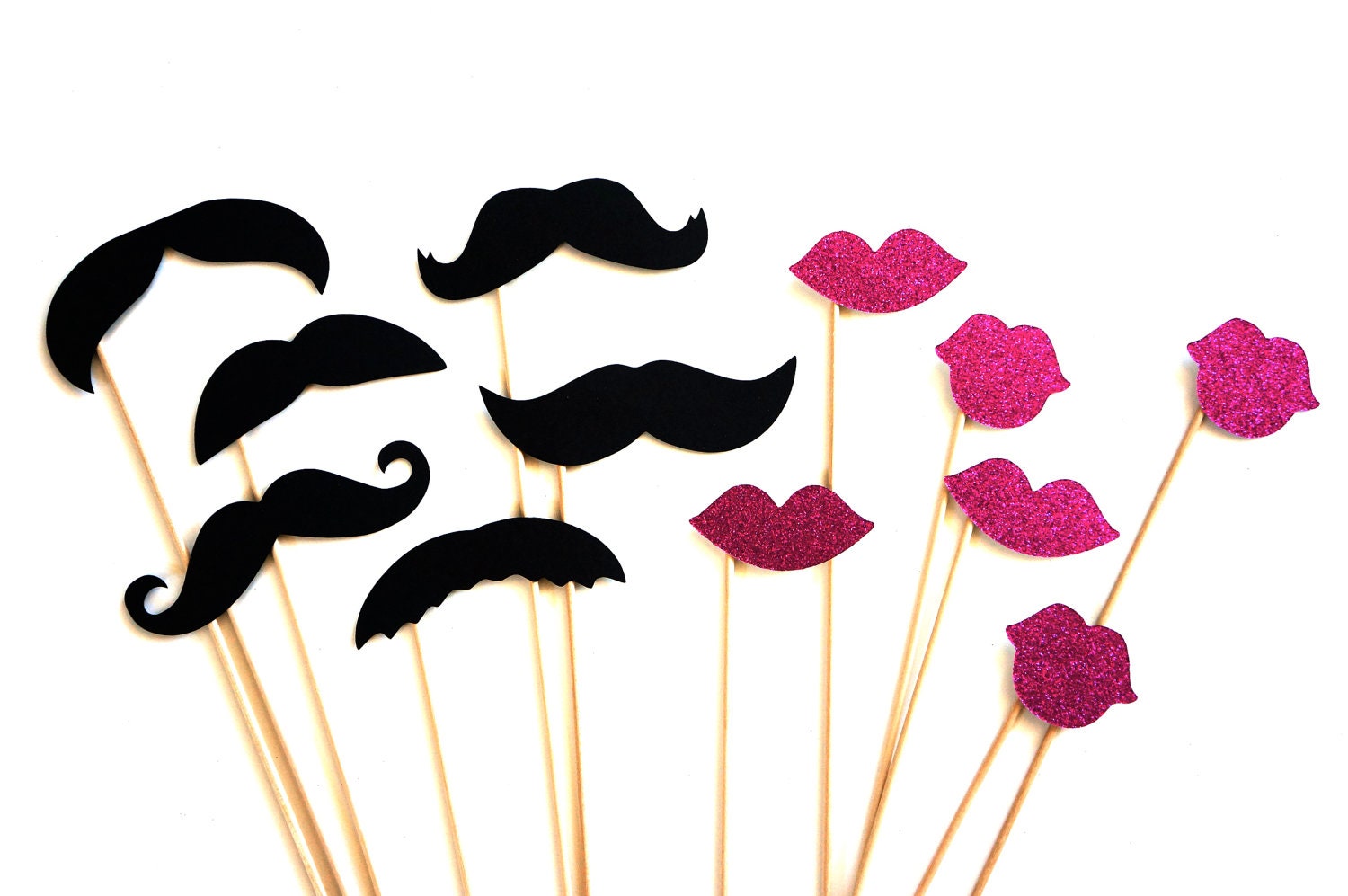 Photo Booth Props - Mustaches and Glitter Lips - 12 piece set - Hot Pink GLITTER Lips - Birthdays, Weddings, Parties - Photobooth Props