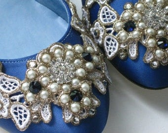Royal Wedding Blue Bridal Ballet Flats Wedding Shoes - Any Size - Pick your own shoe color and crystal color
