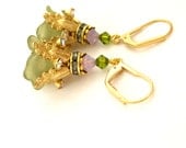 Green and gold Flower earrings - Fairy Flowers Vintage green flower earrings - Dangle earring Floral Jewelry Gift under 50