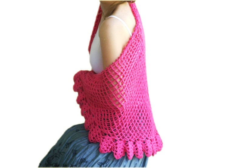 Lacy Shawl in Fuchsia - Spring Summer Fashion - Women Accessories - Wrap - Lace Trim Scarf - Gift for Her