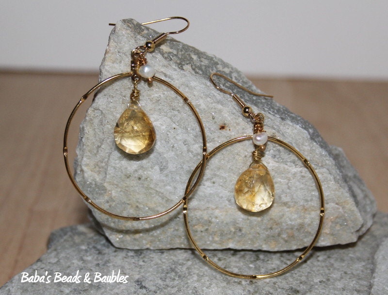 Golden Citrine and Freshwater Pearls suspended within Gold Hoops