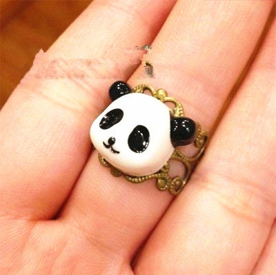 1Pc Cute Cool Resin Black And White Panda Bear Animal Ring, Adjustable, Bronze Lace Filigree Kung Fu Ring