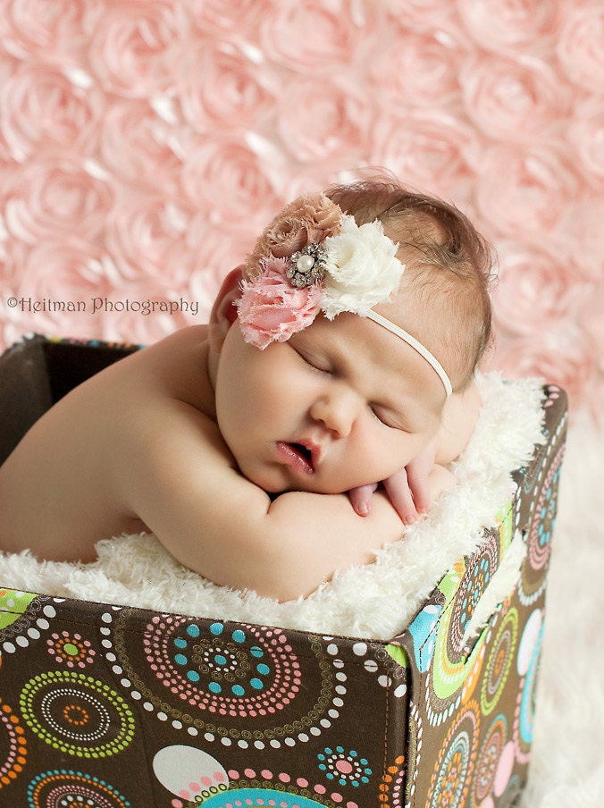 Coral Ivory Mocha Neopolitan Petite Shabby Chic Rose Trio Headband with Pearl Rhinestone for Newborn Infant Toddler Girl