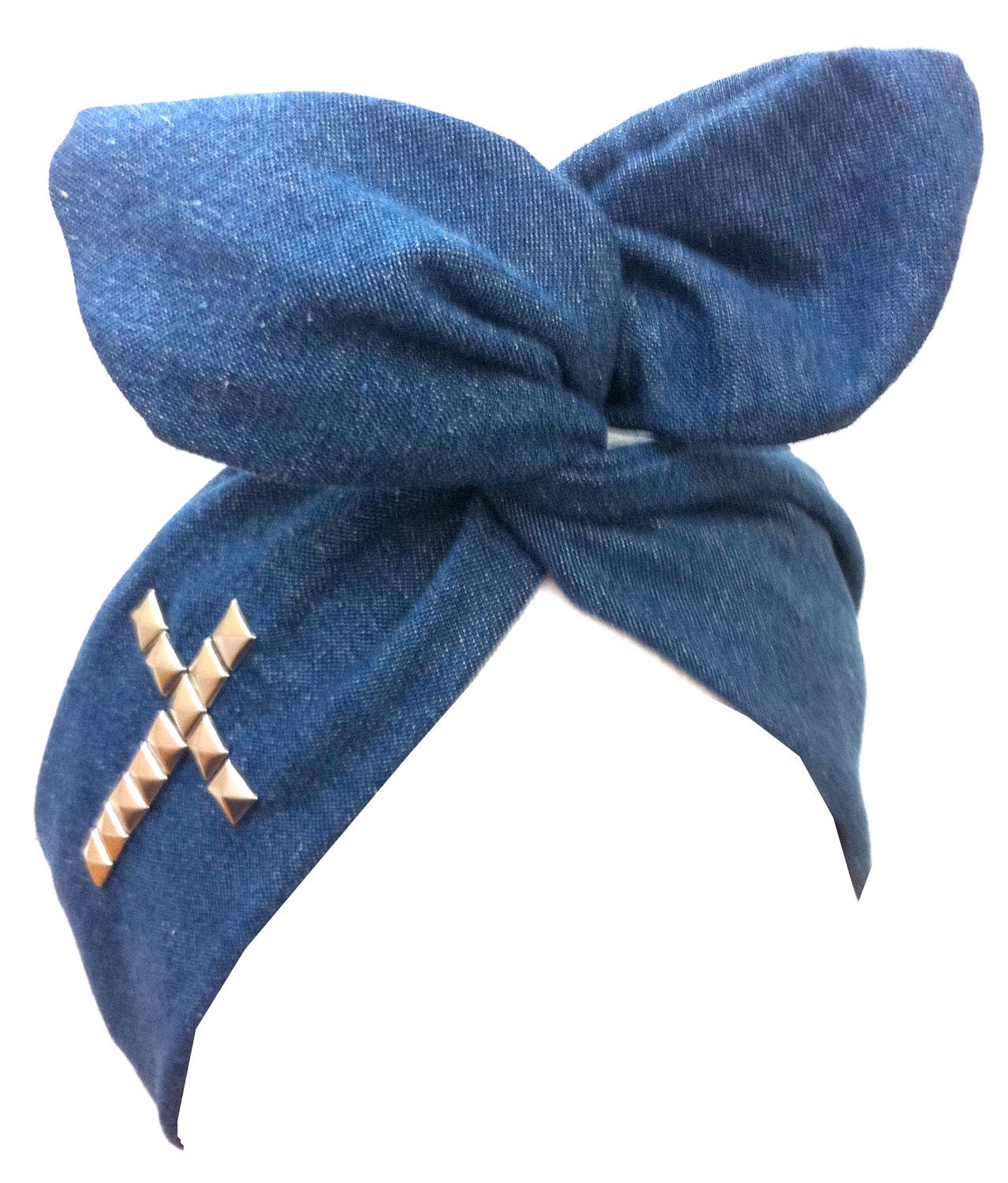 blue denim WIRE Rockabilly Headband with Hand embellished silver stud Cross - Punk