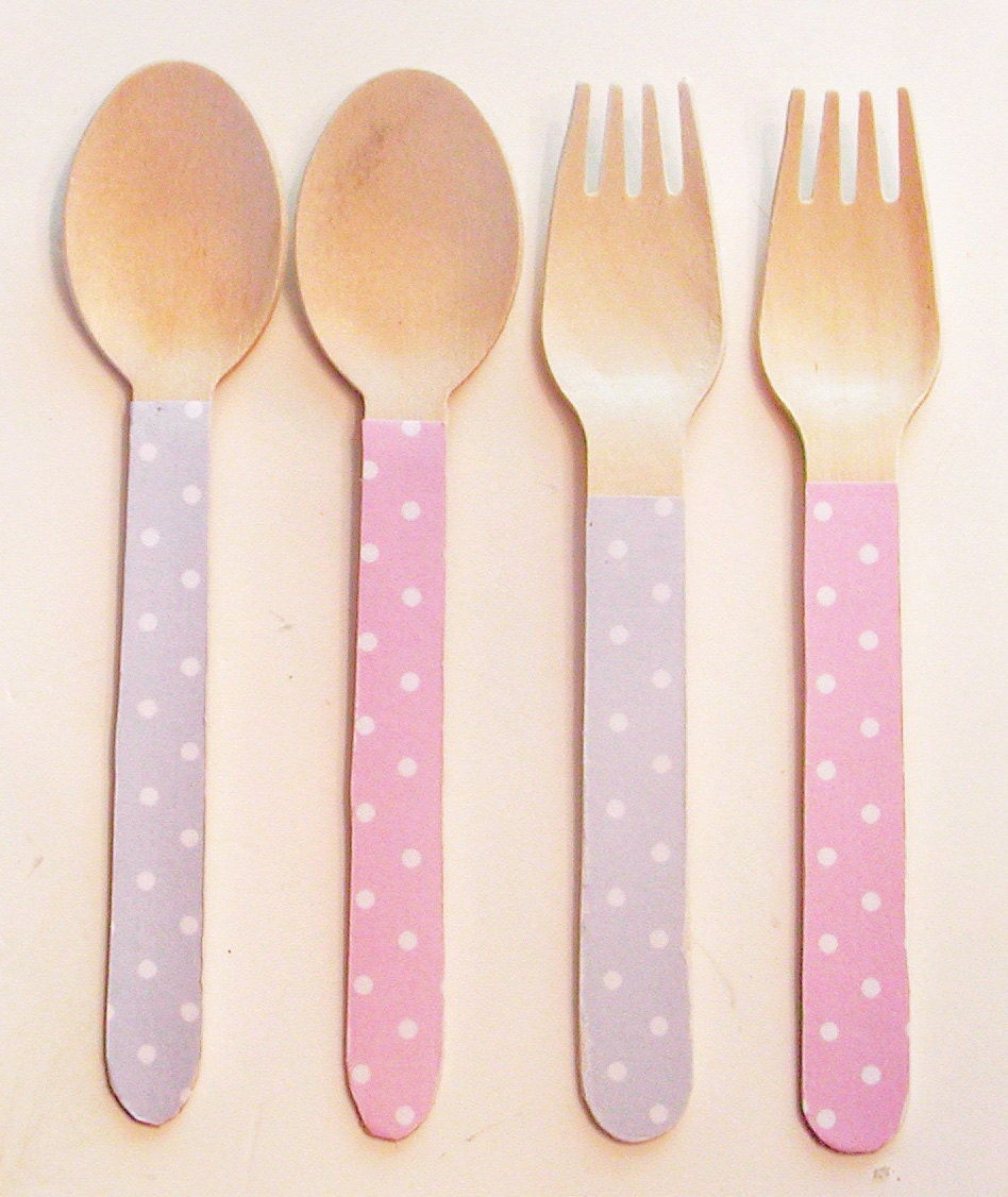 Pink and White and Baby Blue and White Polka Dot Wooden Forks or Spoons - Set of 20 Il_570xn