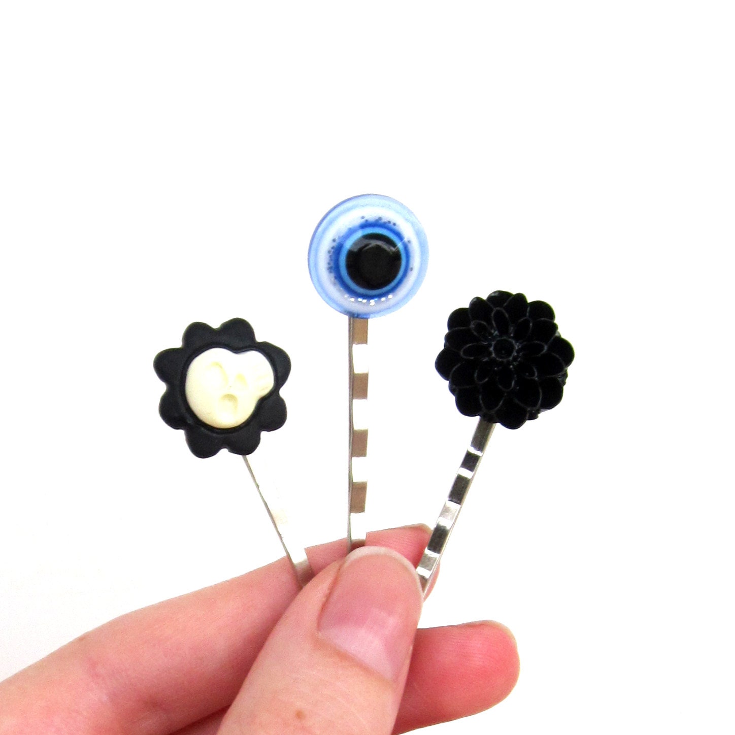 Skull Flower Evil Eye Hair Clips Bobby Pins Halloween Costume Skeleton Accessory set of three