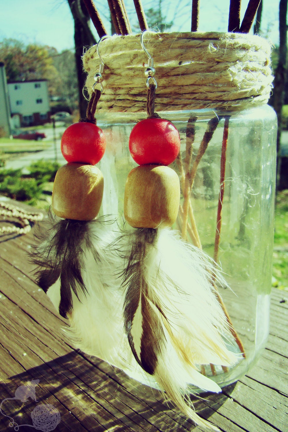 Hemp Feather Earrings - Chicken Feathers - Beaded