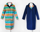 1970s Navy Blue Reversible Striped Rain Coat Size Large Vintage
