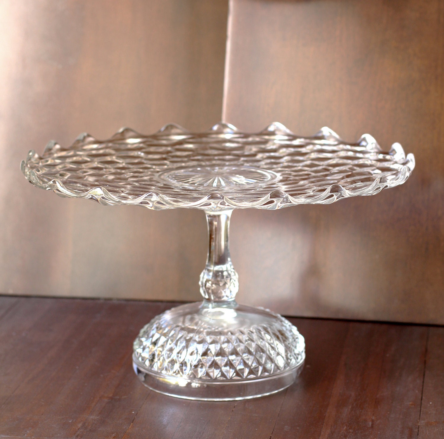 Wedding Cake Stand 14" Vintage Cake Pedestal Stand / Cake Plate Pedestal / Vintage Crystal Glass Truffle Pedestal / Cupcake Stand