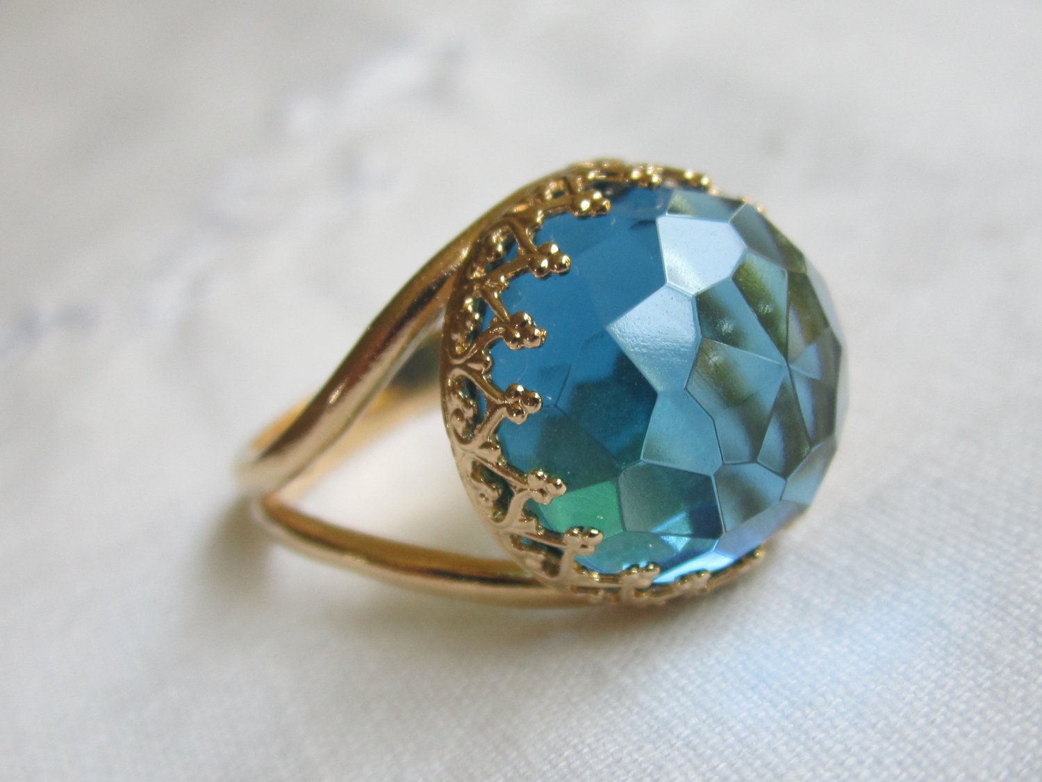 Vintage ring, Blue topaz ring in gold, 14k Gold ring, 14mm Rose cut gemstone ring, Light blue ring, Bridal ring