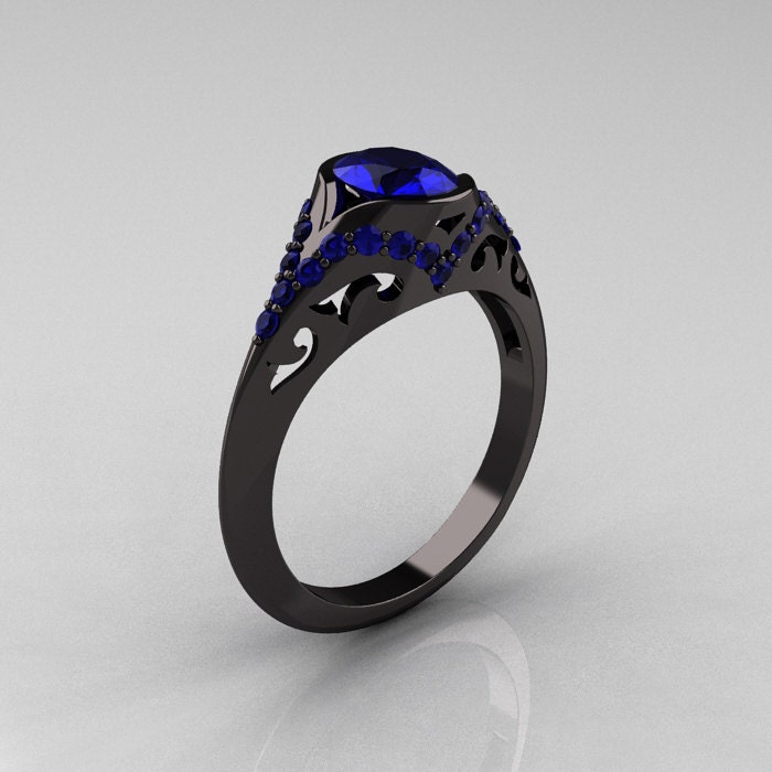 Classic 14K Black Gold Oval Blue Sapphire Wedding Ring, Engagement Ring R194-14KBGNBS