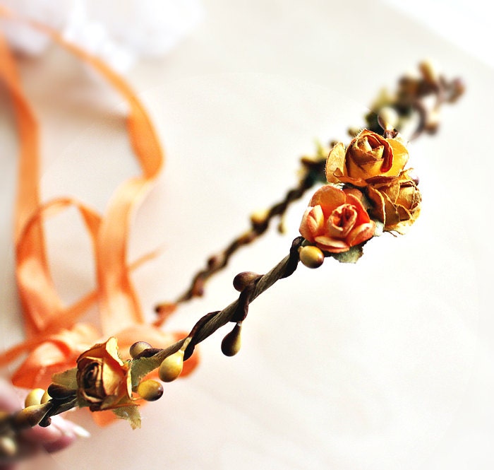Rustic Roses Flowers hair wreath. Yellow. Tangerine. Paper Flowers. Bohemian. Woodland. Rustic Wedding. Wedding Tiara, Spring Wedding