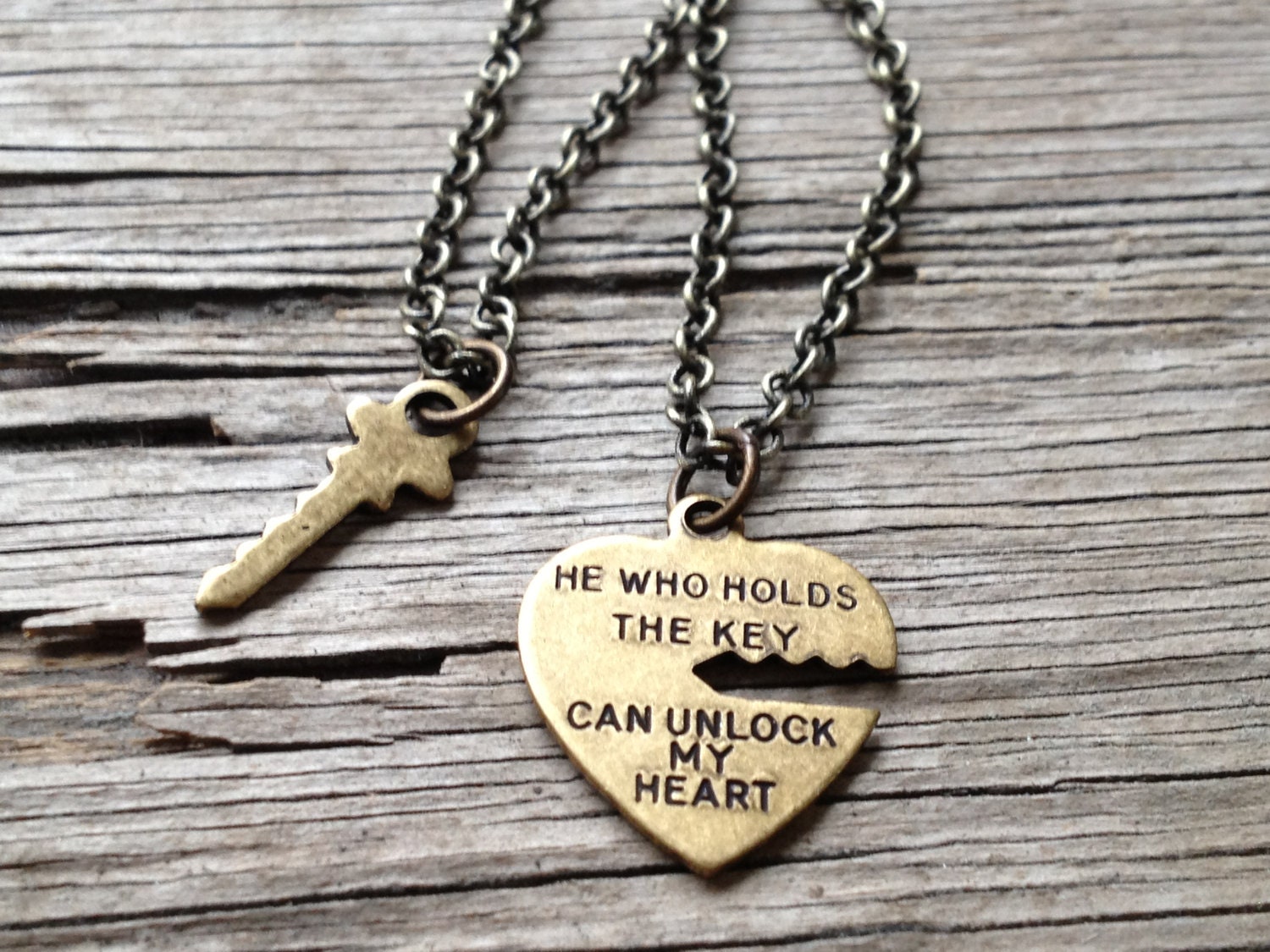 2 necklace set - He Who Holds The Key can Unlock Heart - brass Antiqued Rustic Pendant Charms