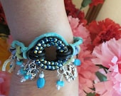 Cowgirl Charm Bracelet, Leather and Turquoise Beaded Charm Bracelet, Western Charm Bracelet, Rodeo Jewelry