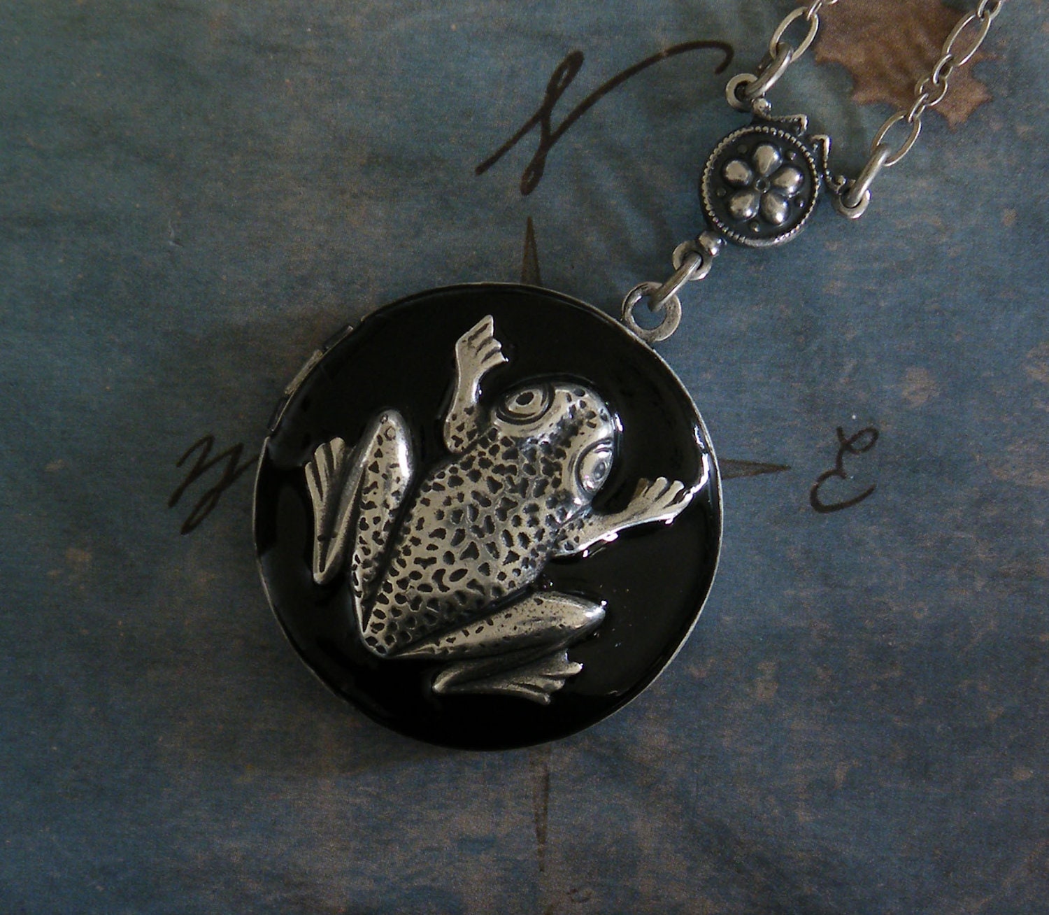 Silver Frog Locket -  Enameled Frog Necklace