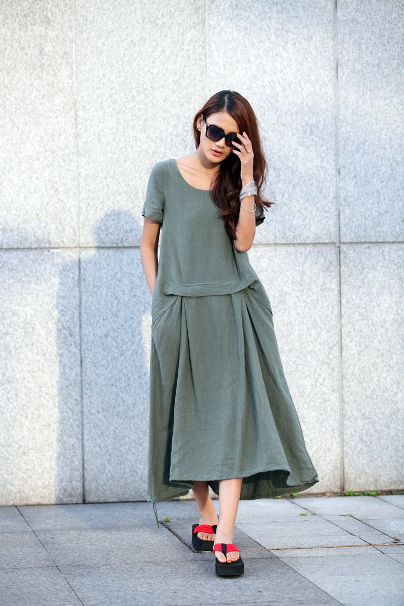 Maxi Dress Loose Fitting Sundress Short Sleeve Summer Dress in Army Green - NC363
