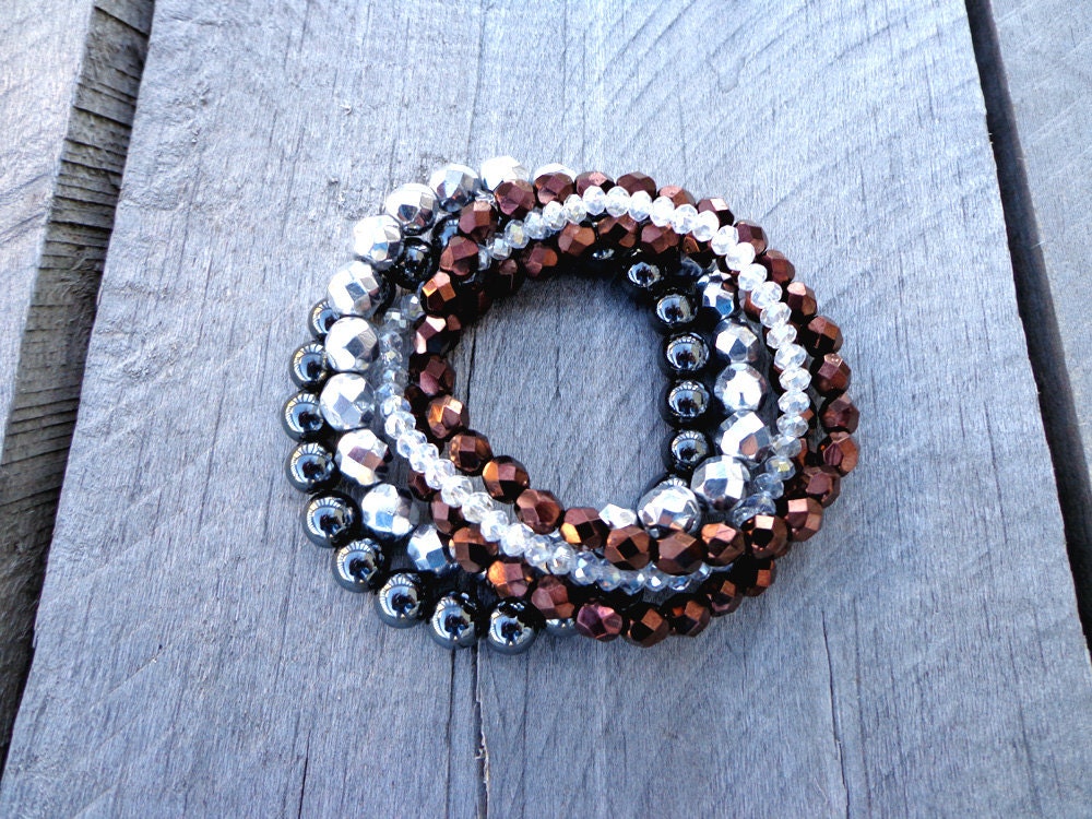 Stacking Bracelets / Bronze, Silver Czech Glass & Hematite Stretch / Multiple Strand Set