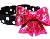 Bow Dog Collar 1" Black and White Polka Dot Dog Collar With Bow Attachment Pink Silver Black