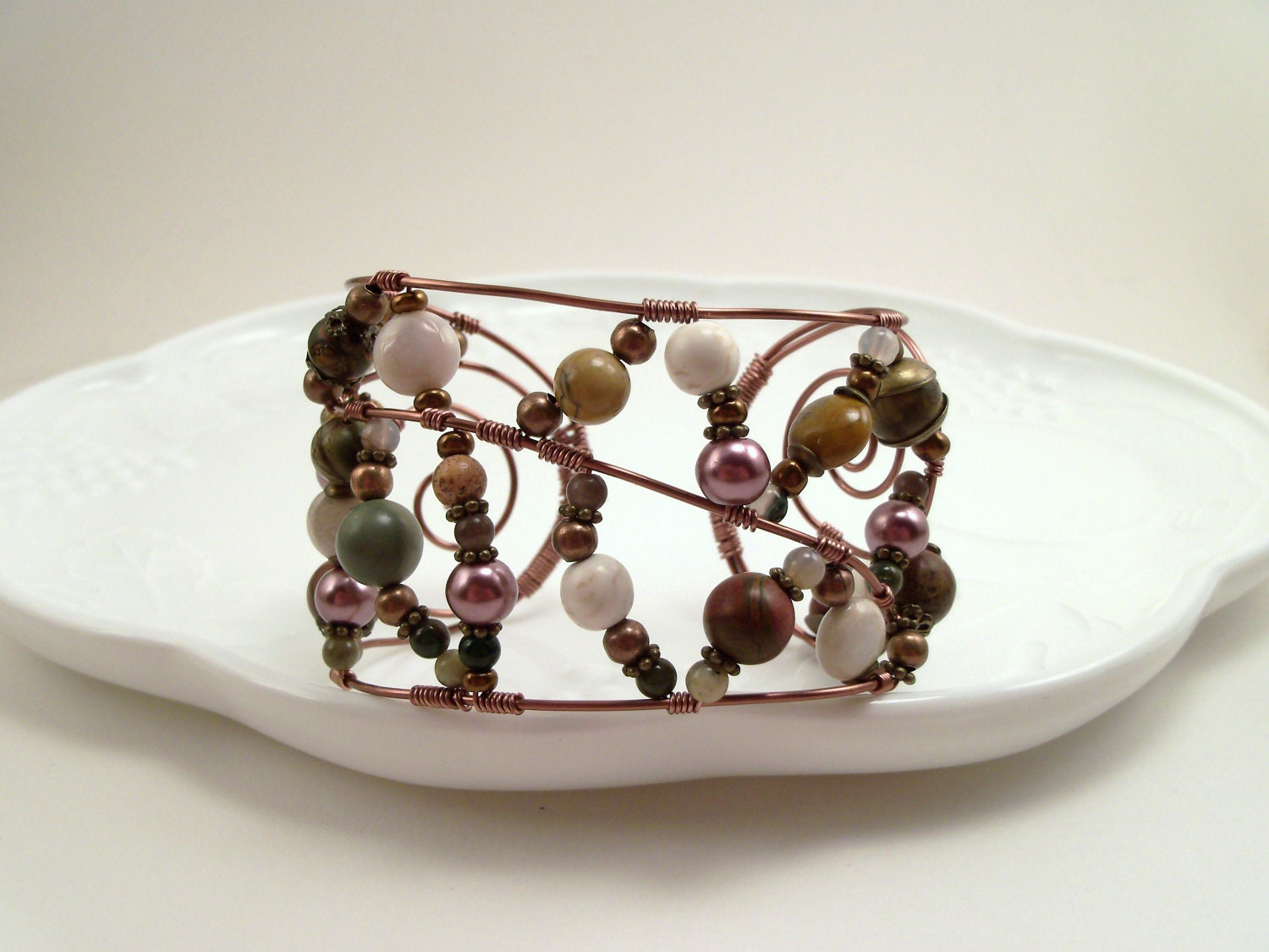 Handmade Gypsy Bangle Bracelet with Jasper and Howlite Stones