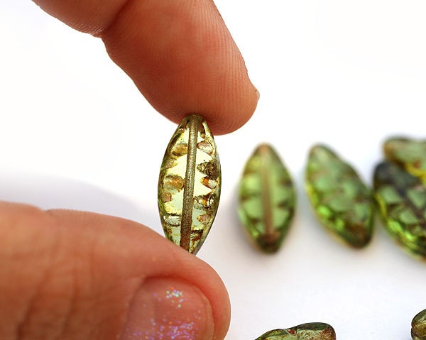 Picasso Czech beads Forest green with rustic finish, long glass bead, flat - 18x08mm - 8Pc - 0394