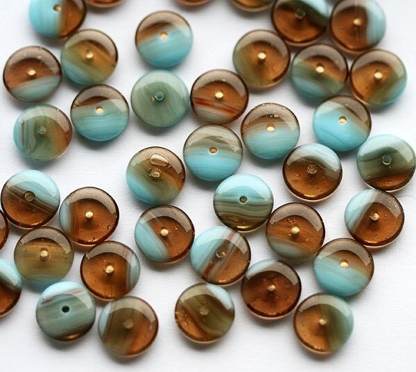 Glass beads Brown and blue czech spacers rondelles, mixed color - 9mm - 25Pc - 492