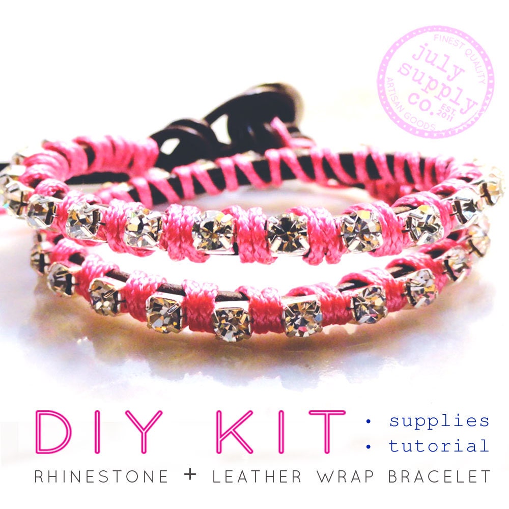 wrap bracelet DIY KIT: leather and rhinestone bracelet materials and tutorial - pink & brown leather