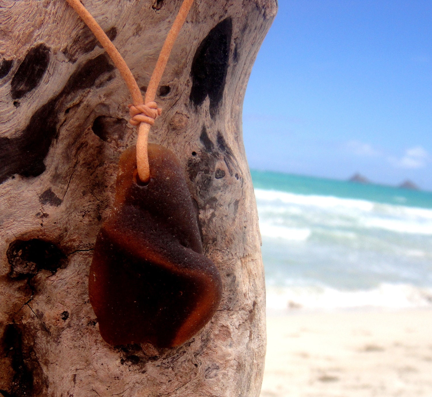 Hawaiian Very Unique & RARE Amber Brown Bonfire Beach Glass, naturally folded, on India Leather, completely adjustable, Necklace