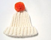Chunky Pom Pom Hat in Cream and Orange, Unisex hat and hand knitted