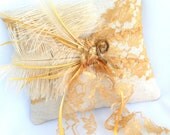 BoHo Bridal  Pillow,  Gold Lace,  Feathers, Gypsy,  Wedding, Ring Bearer, Spring,  Summer, Fall READY TO SHIP